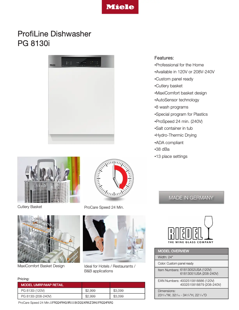 Page 1 de la notice Fiche technique Miele Profiline PG 8133 SCVi