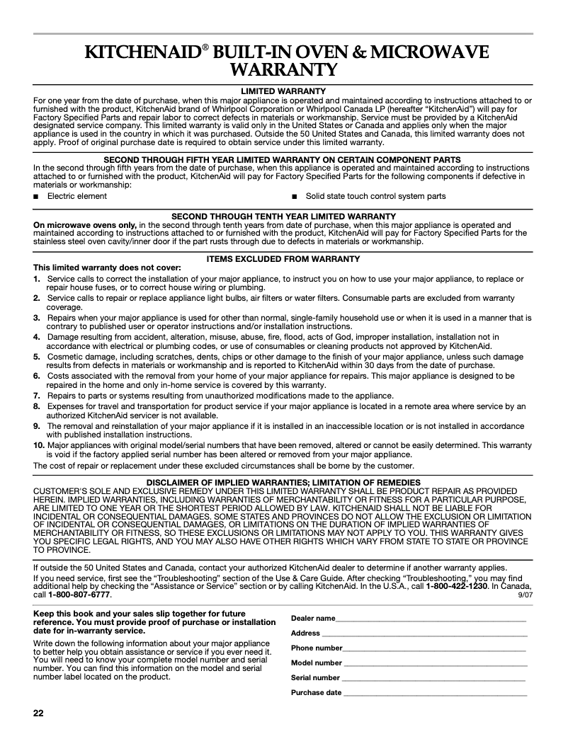 Page 1 de la notice Informations de garantie KitchenAid Architect KEMS308SSS