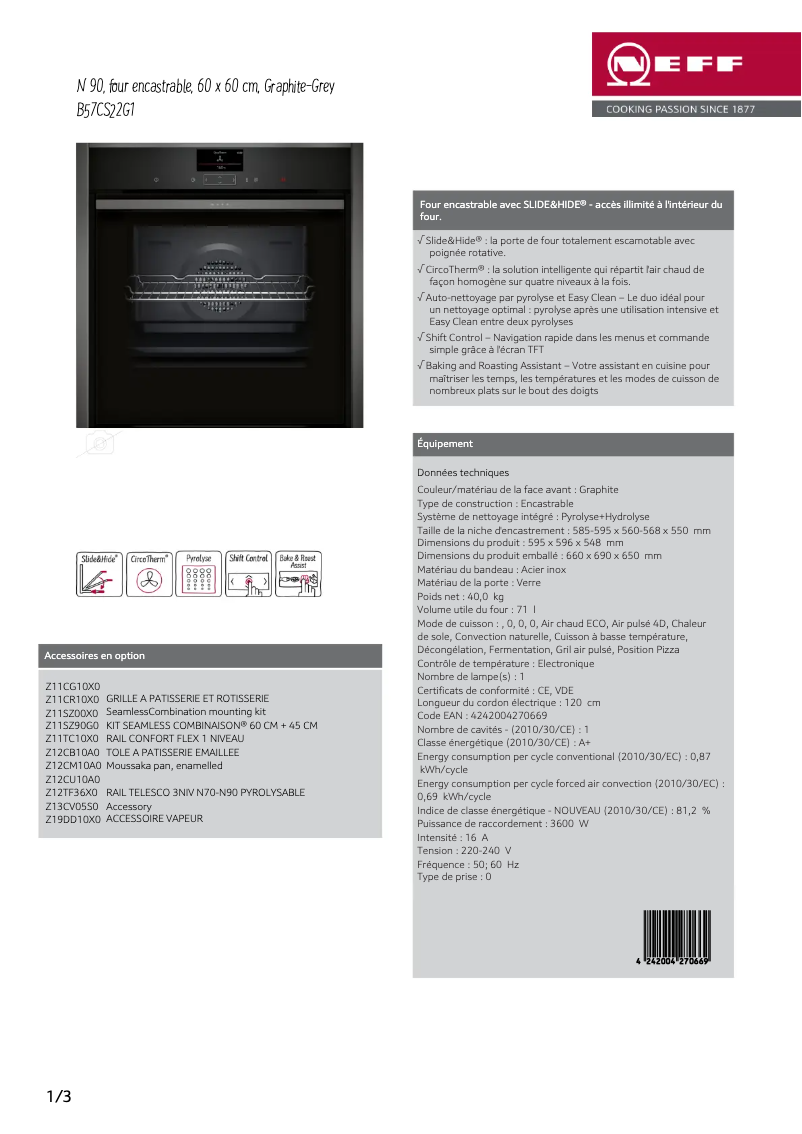 Page n°1 - Fiche technique Neff B57CS22G1