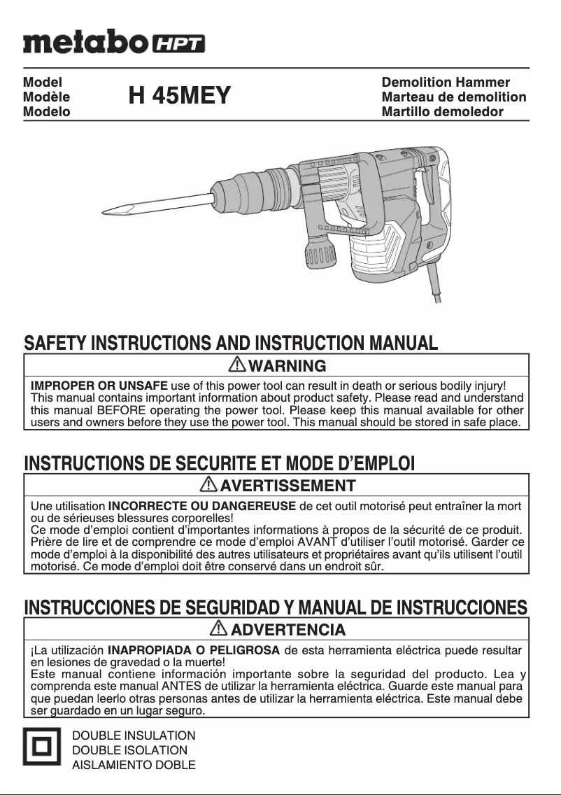 Page 1 de la notice Manuel utilisateur Metabo H 45MEY