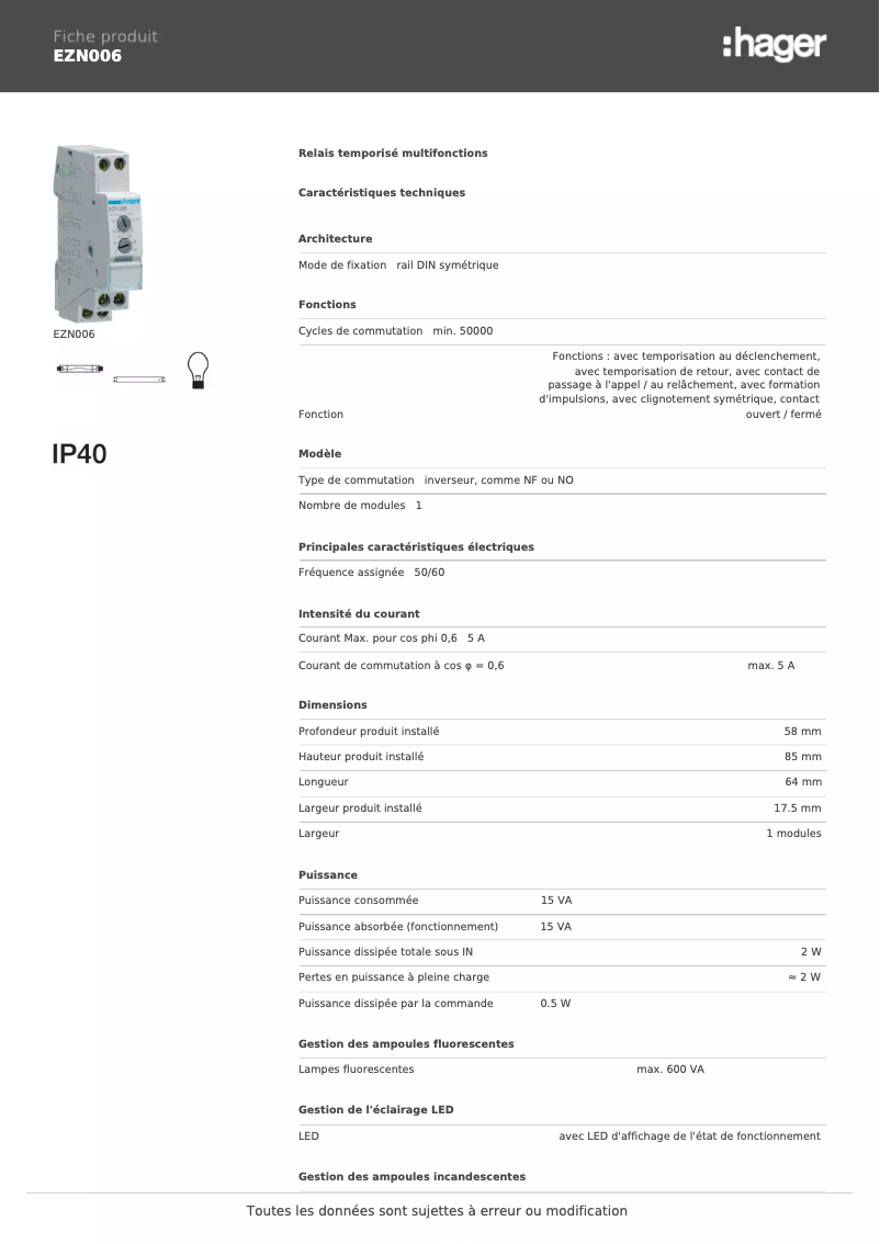 Page n°1 - Fiche technique Hager EZN006