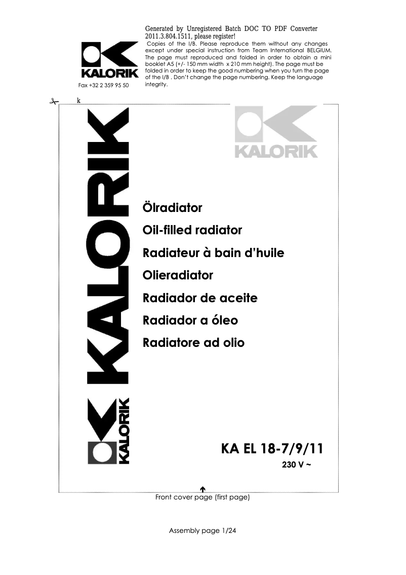 Page n°1 - Manuel utilisateur Kalorik KA EL 18-9