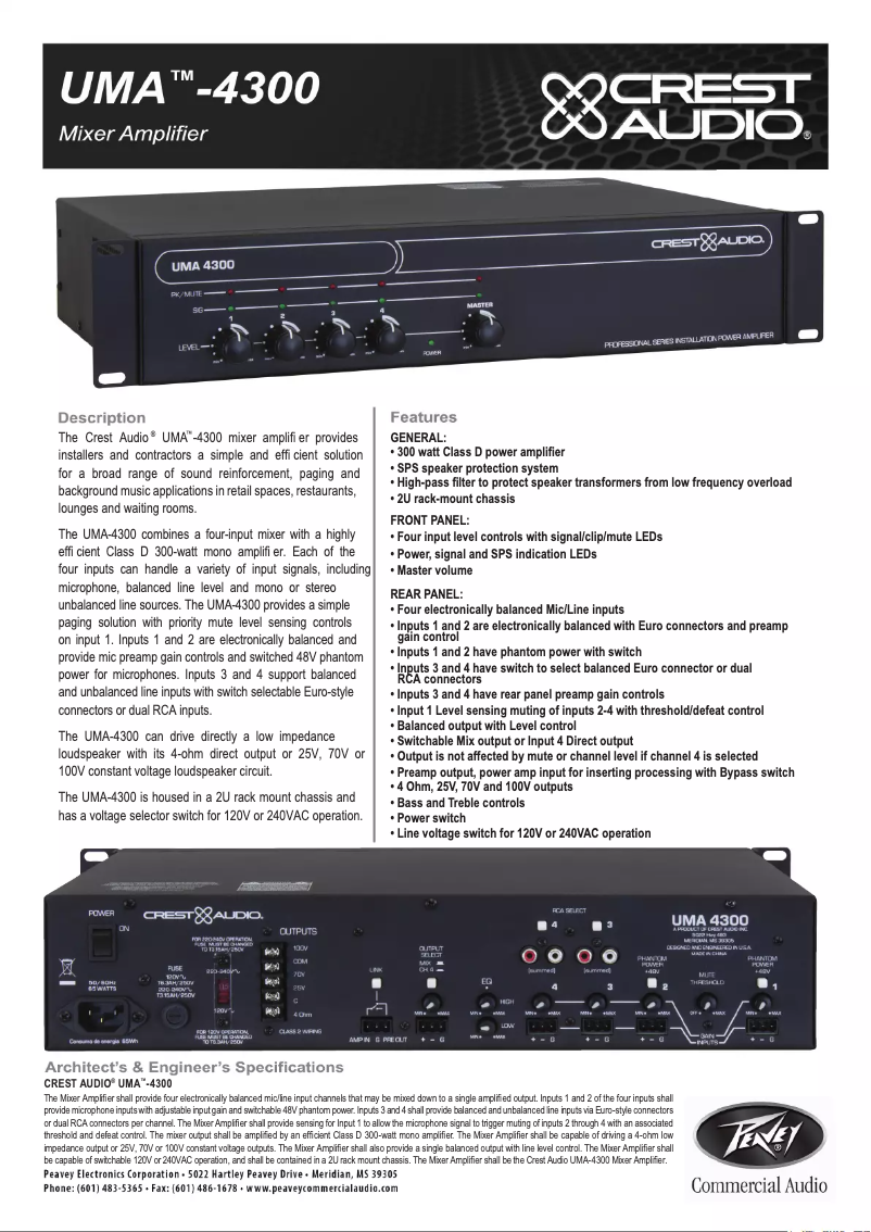 Page 1 de la notice Fiche technique Crest Audio UMA 4300