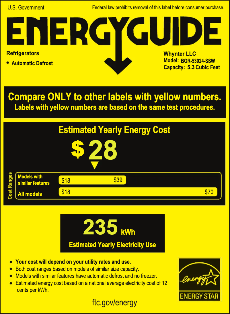 Page 1 de la notice Label énergétique Whynter BOR-53024-SSW