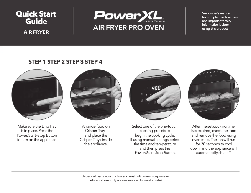 Page 1 de la notice Guide de démarrage rapide PowerXL Air Fryer Pro GLA-1005
