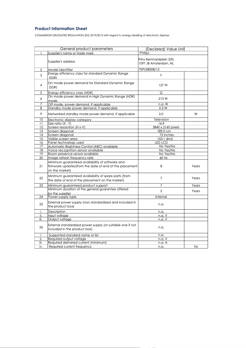 Page 1 de la notice Fiche technique Philips 75PUS8008