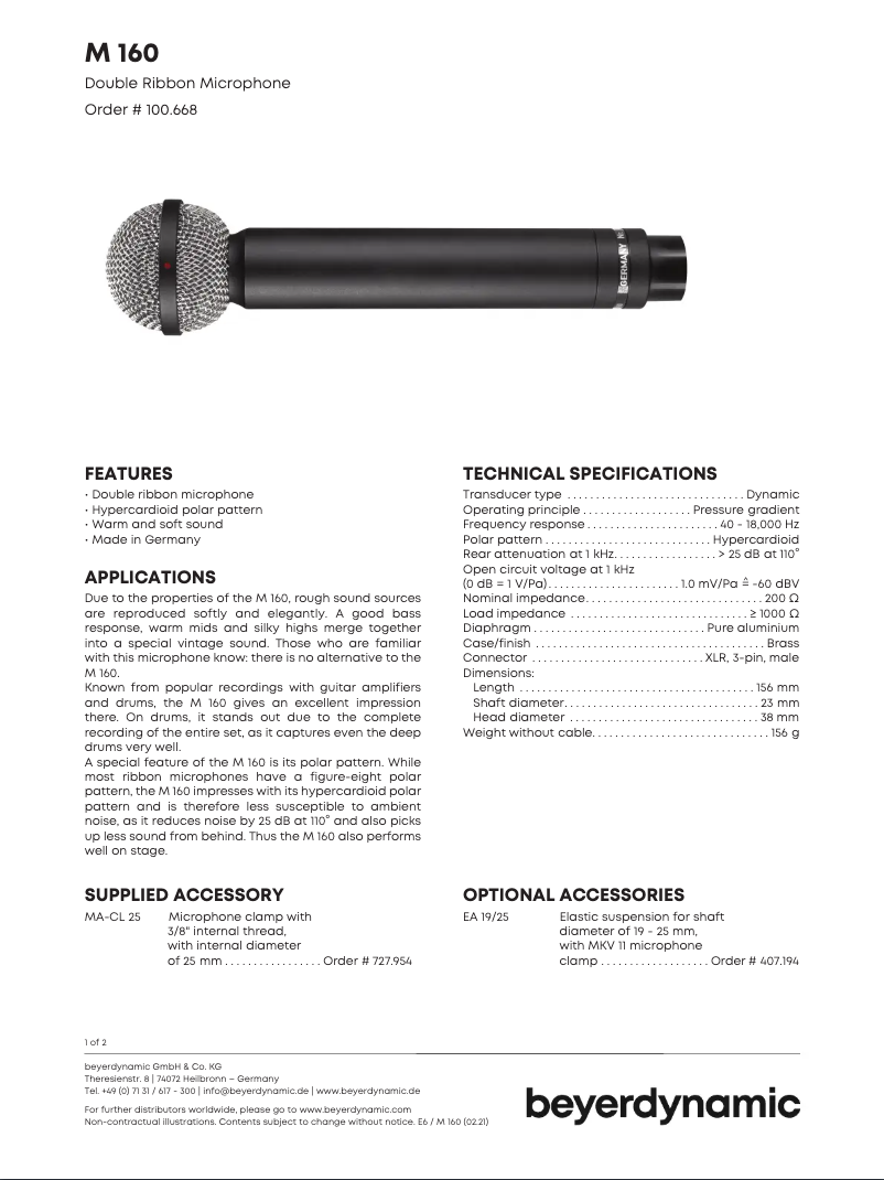 Page 1 de la notice Fiche technique Beyerdynamic M 160