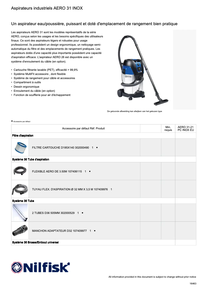 Page 1 de la notice Fiche technique Nilfisk Aero 31