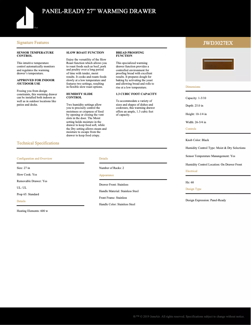 Page 1 de la notice Fiche technique JennAir JWD3027EX