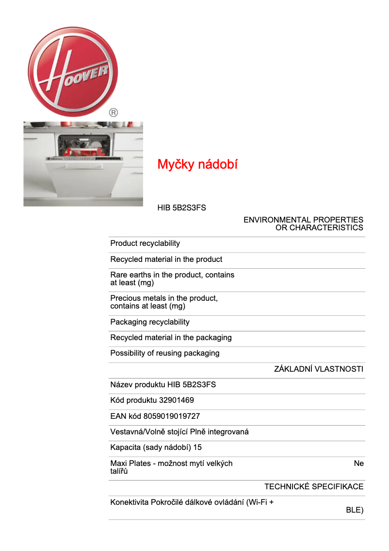 Page 1 de la notice Fiche technique Hoover H-DISH 700 HIB 5B2S3FS