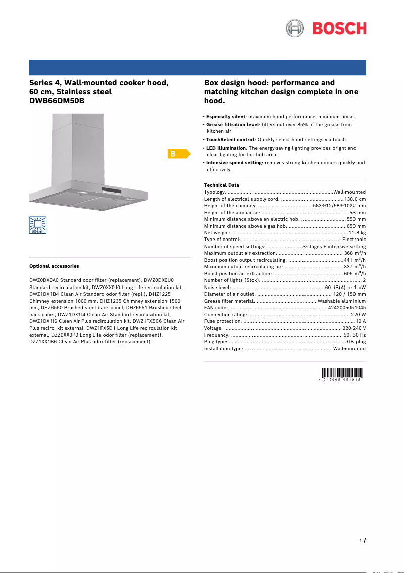 Page 1 de la notice Fiche technique Bosch DWB66DM50B