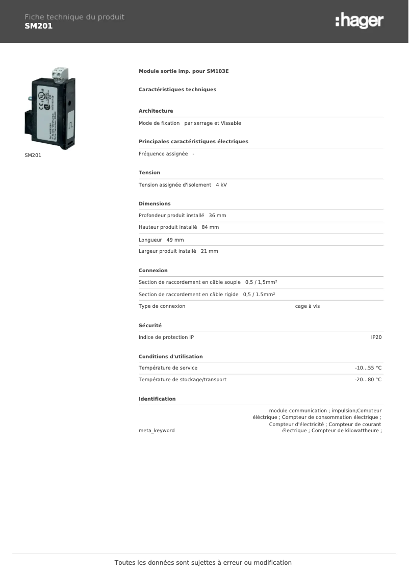 Page 1 de la notice Fiche technique Hager SM201