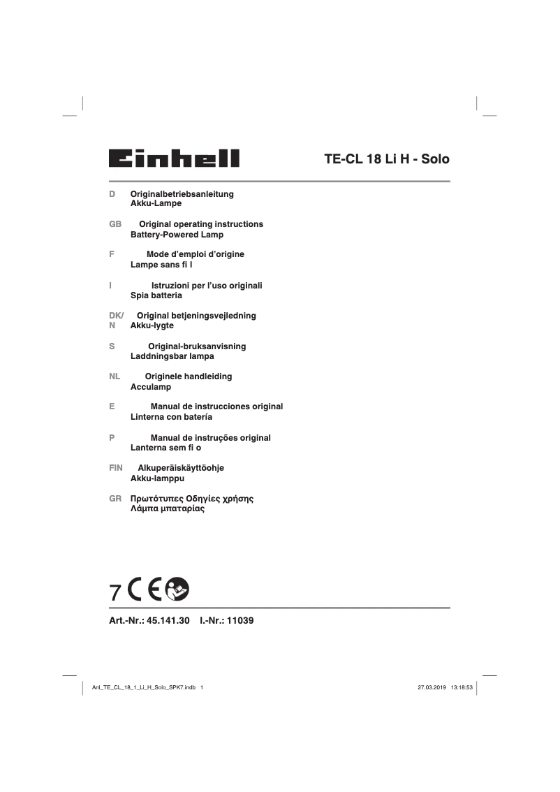 Page 1 de la notice Manuel utilisateur Einhell TE-CL 18 Li H-Solo