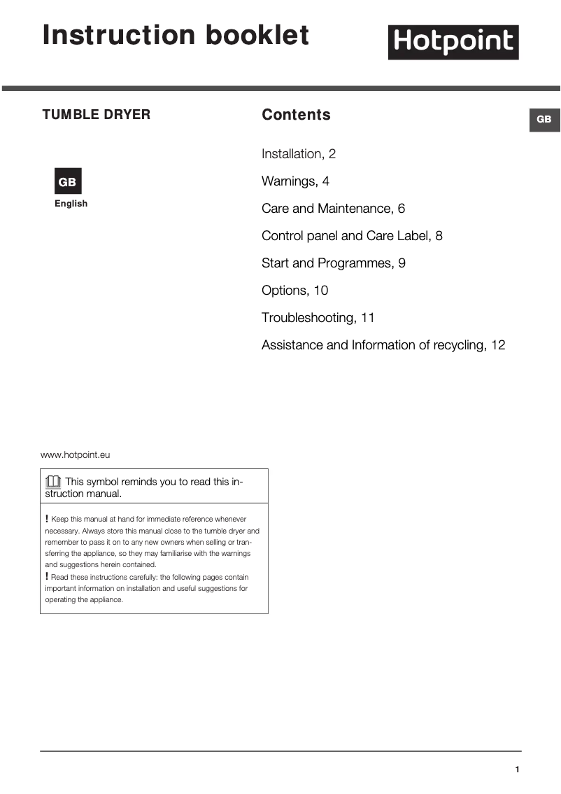 Page n°1 - Manuel utilisateur Hotpoint TCFS 835B GK.9 UK