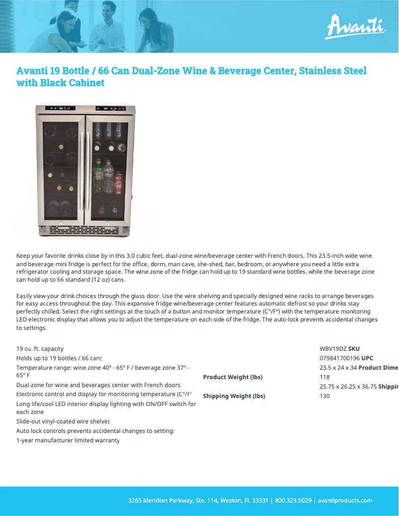 Page 1 de la notice Fiche technique Avanti WBV19DZ