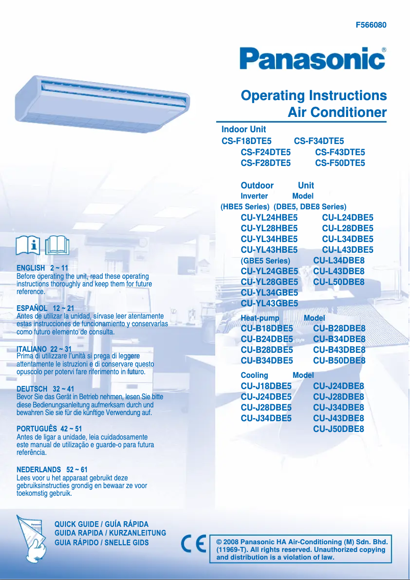 Page 1 de la notice Manuel utilisateur Panasonic CU-YL28GBE5