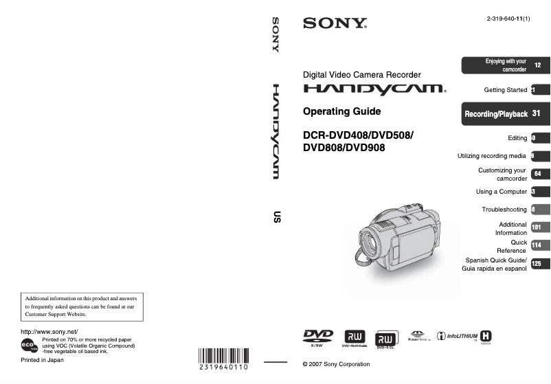 Page n°1 - Manuel utilisateur Sony Handycam DCR-DVD408