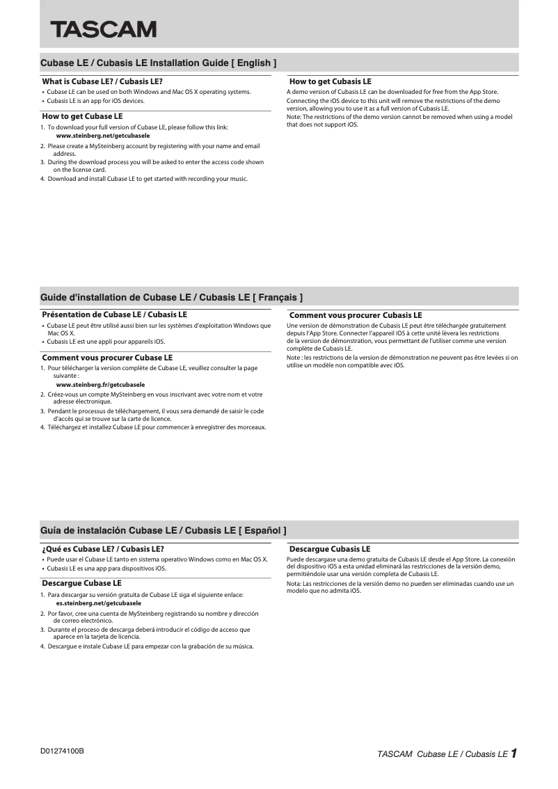 Page n°1 - Guide d'installation Tascam US-1X2HR