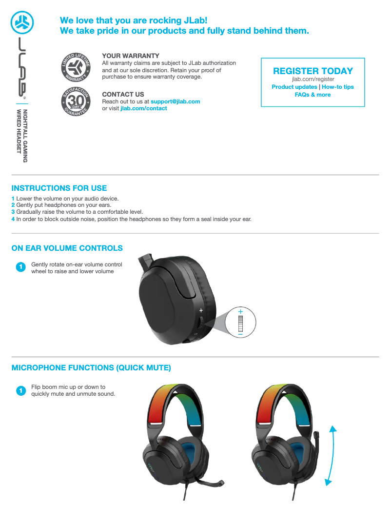 Page 1 de la notice Manuel utilisateur JLab NIGHTFALL Gaming Wired Headset