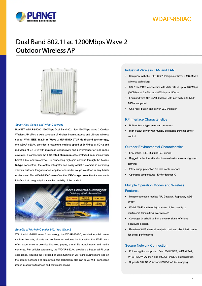 Page 1 de la notice Fiche technique Planet WDAP-850AC