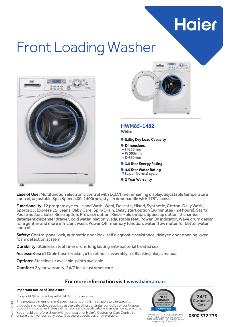 Page 1 de la notice Fiche technique Haier HWM85-1482