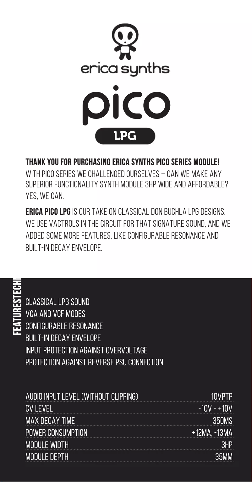 Page 1 de la notice Manuel utilisateur Erica Synths Pico LPG