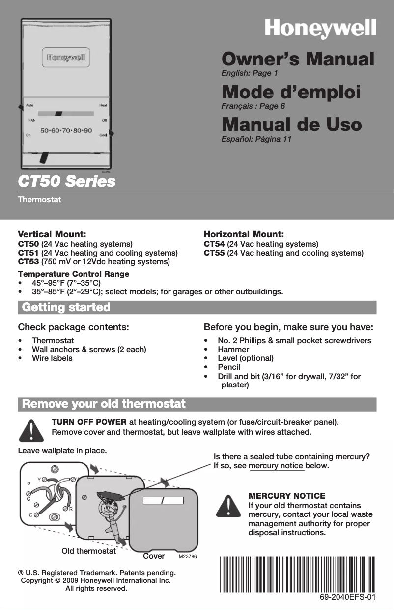 Page n°1 - Manuel utilisateur Honeywell YCT50K1006