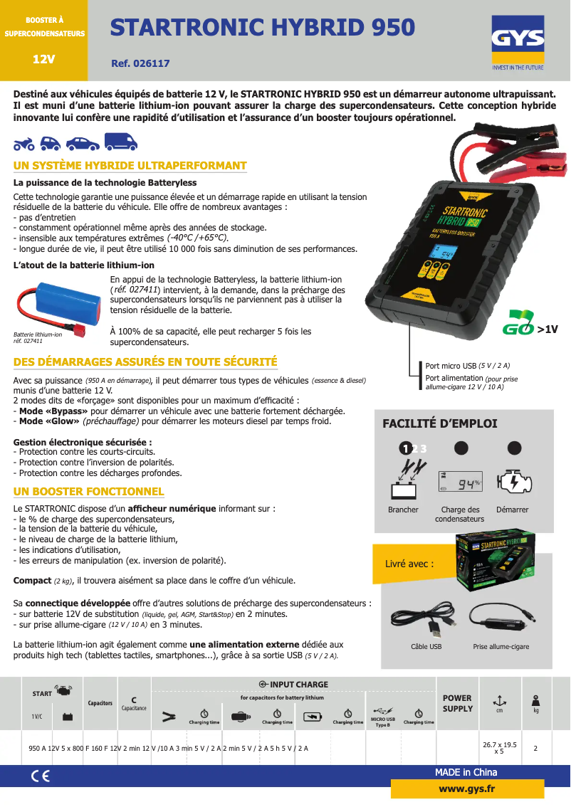 Page 1 de la notice Fiche technique GYS Startronic Hybrid 950