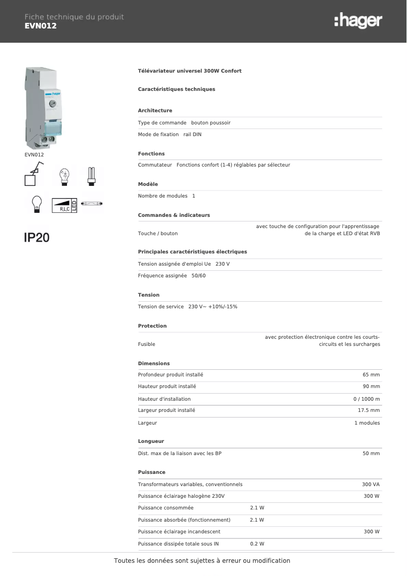 Page 1 de la notice Fiche technique Hager EVN012