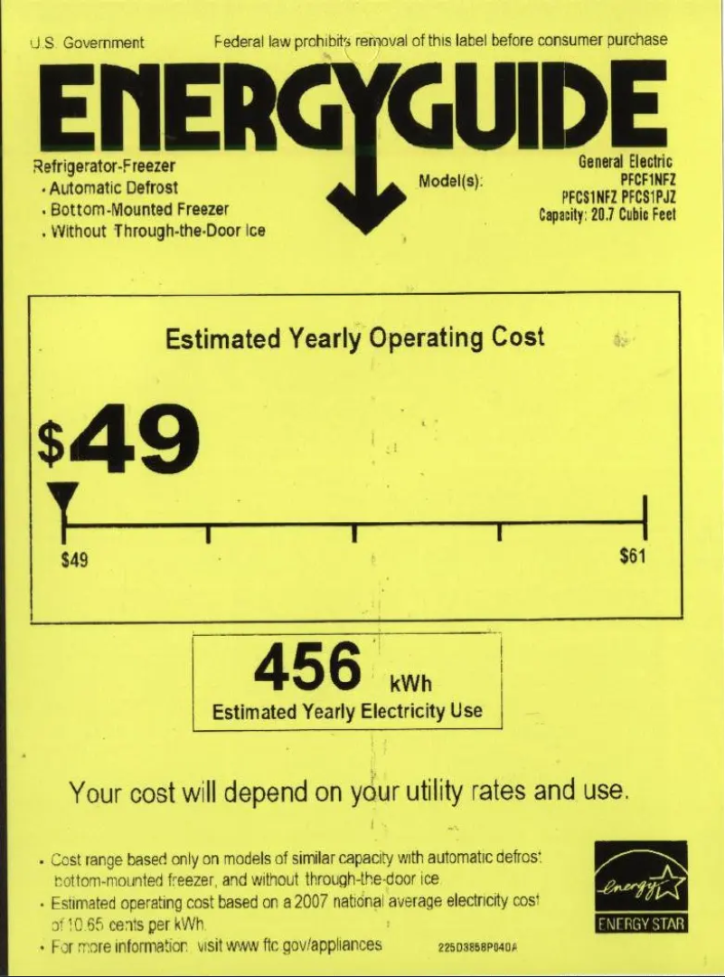 Page 1 de la notice Label énergétique GE Profile PFCS1PJZSS