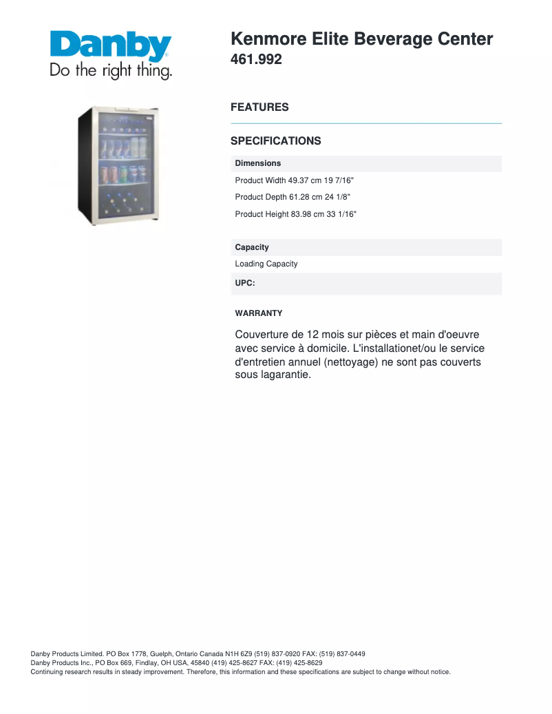 Page 1 de la notice Manuel utilisateur Danby 461.992