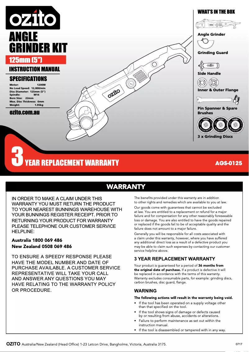 Page 1 de la notice Mode d'emploi Ozito AGS-0125