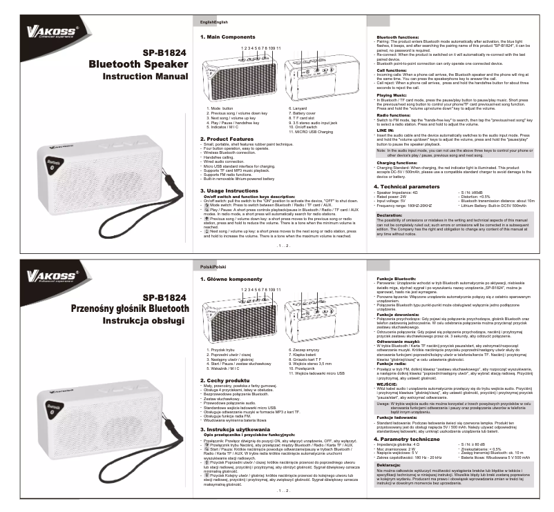 Page 1 de la notice Manuel utilisateur Vakoss SP-B1824RD
