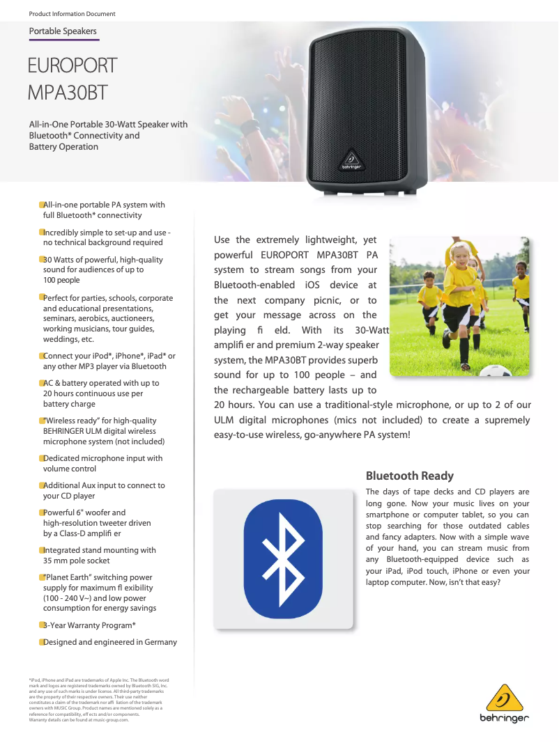 Page n°1 - Fiche technique Behringer Europort MPA30BT