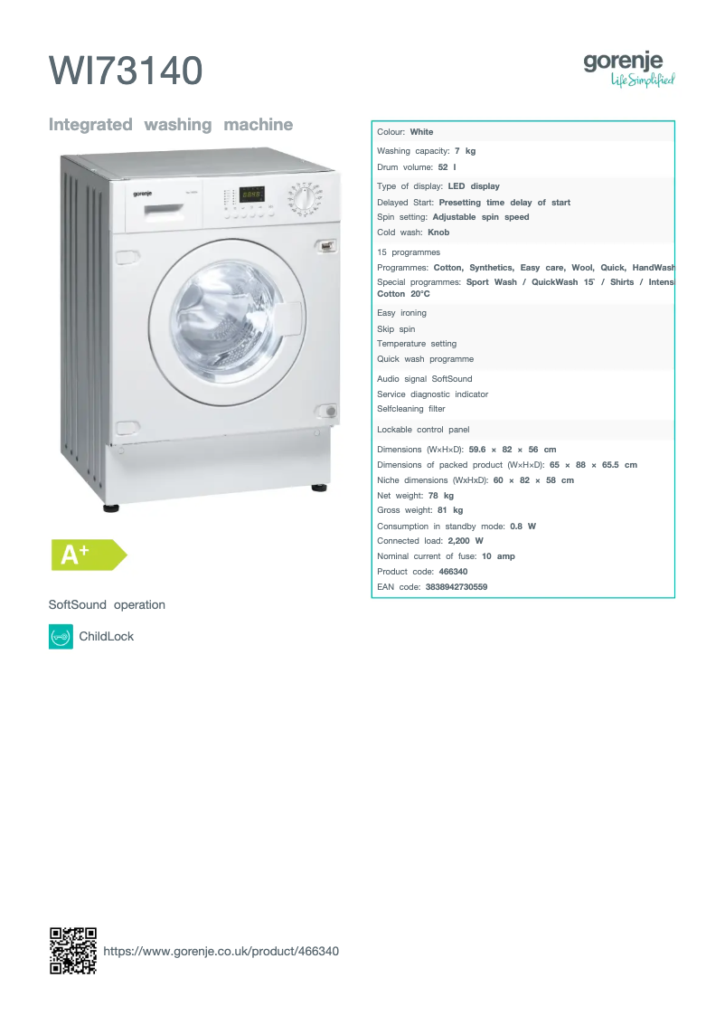 Page n°1 - Fiche technique Gorenje WI73140
