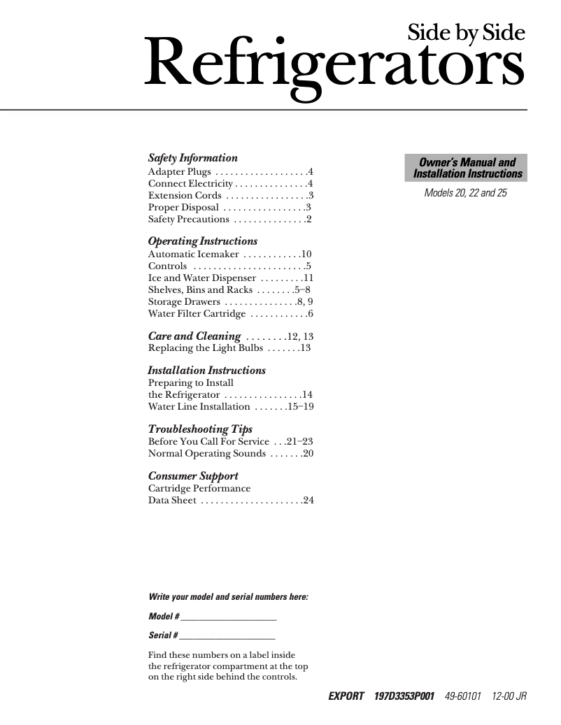 Page n°1 - Manuel d'utilisation et d'entretien GE TFT20JRBAA