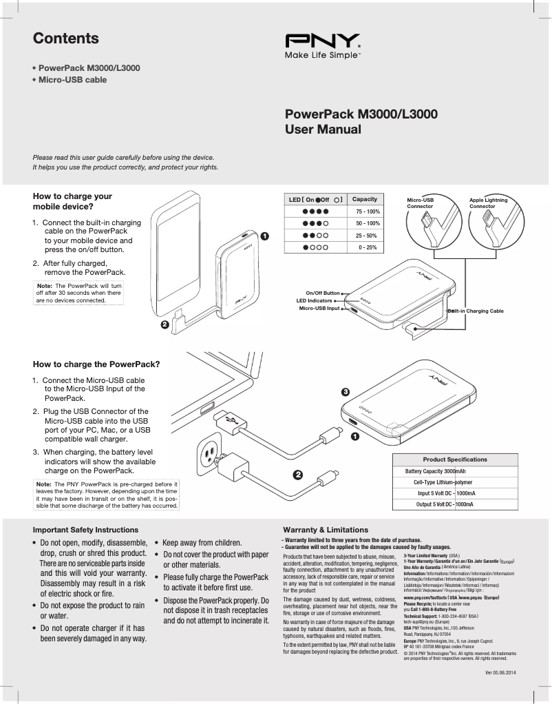 Page 1 de la notice Manuel utilisateur PNY PowerPack L3000