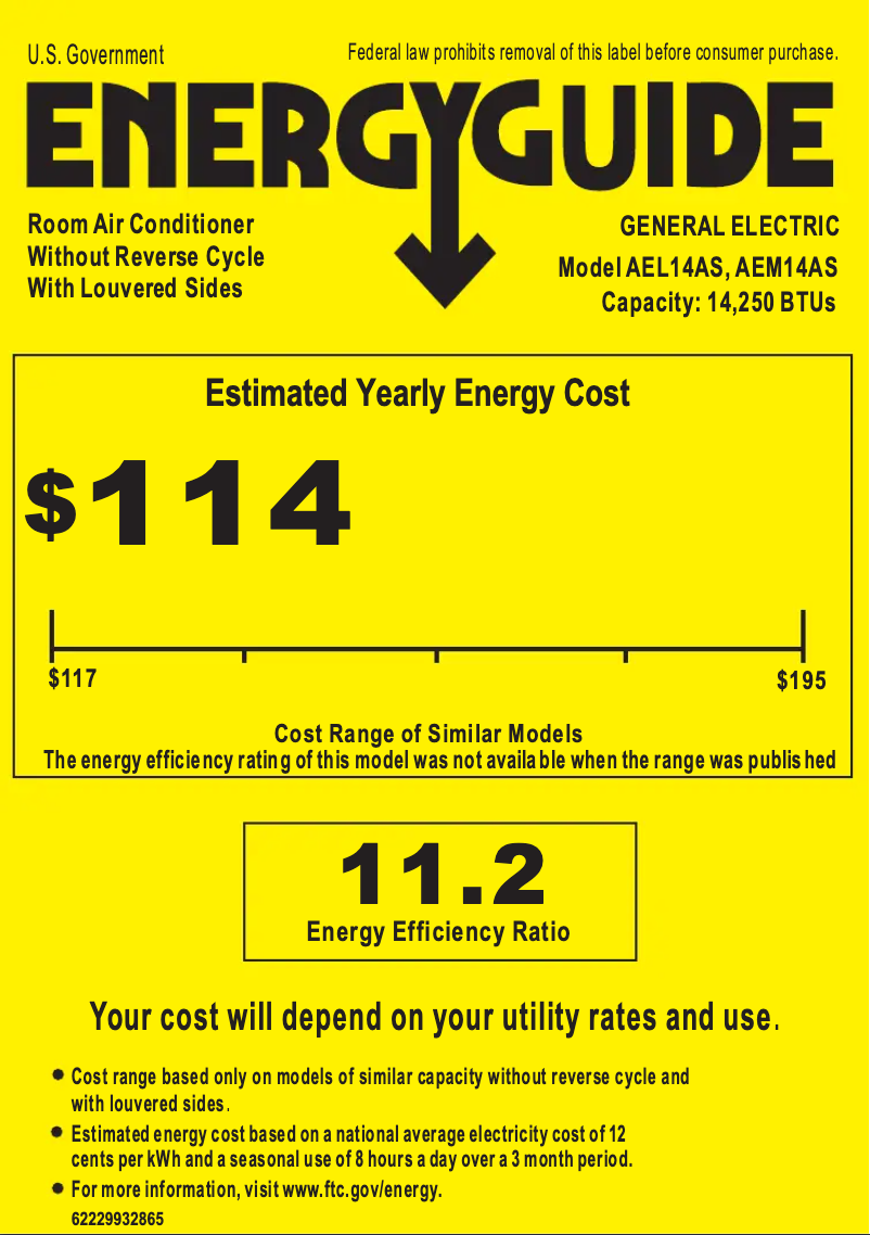 Page 1 de la notice Label énergétique GE AEL14AS