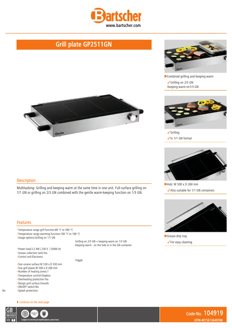 Page n°1 - Fiche technique Bartscher GP2511GN
