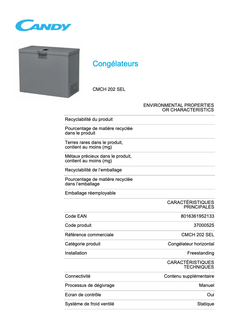 Page 1 de la notice Fiche technique Candy CMCH 202 SEL
