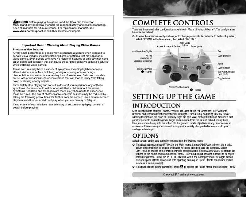 Image de la première page du manuel de l'appareil Medal of Honor - Airborne (Xbox 360)