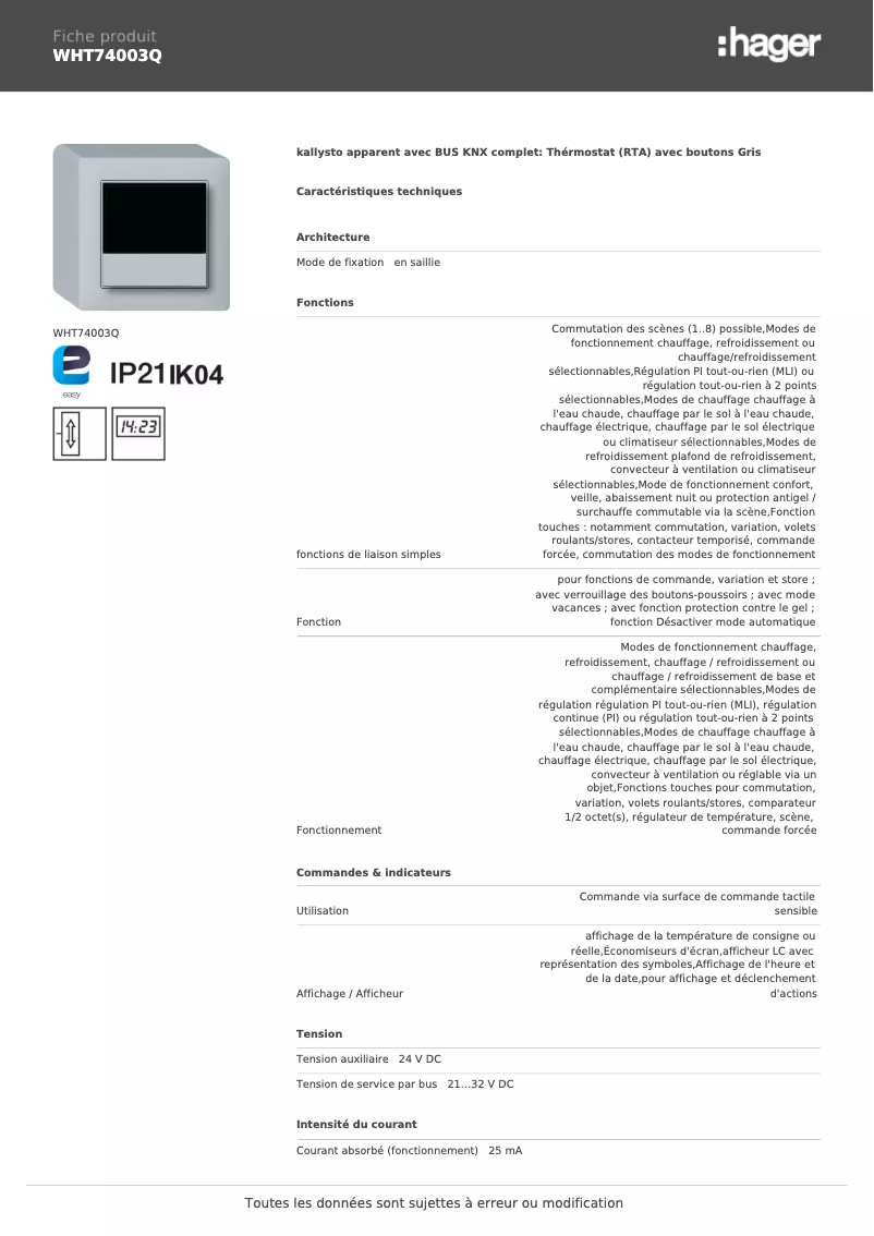 Page n°1 - Fiche technique Hager WHT74003Q