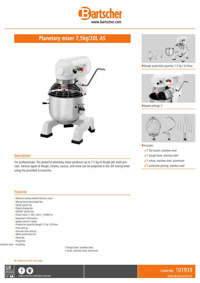 Page 1 de la notice Fiche technique Bartscher 101933