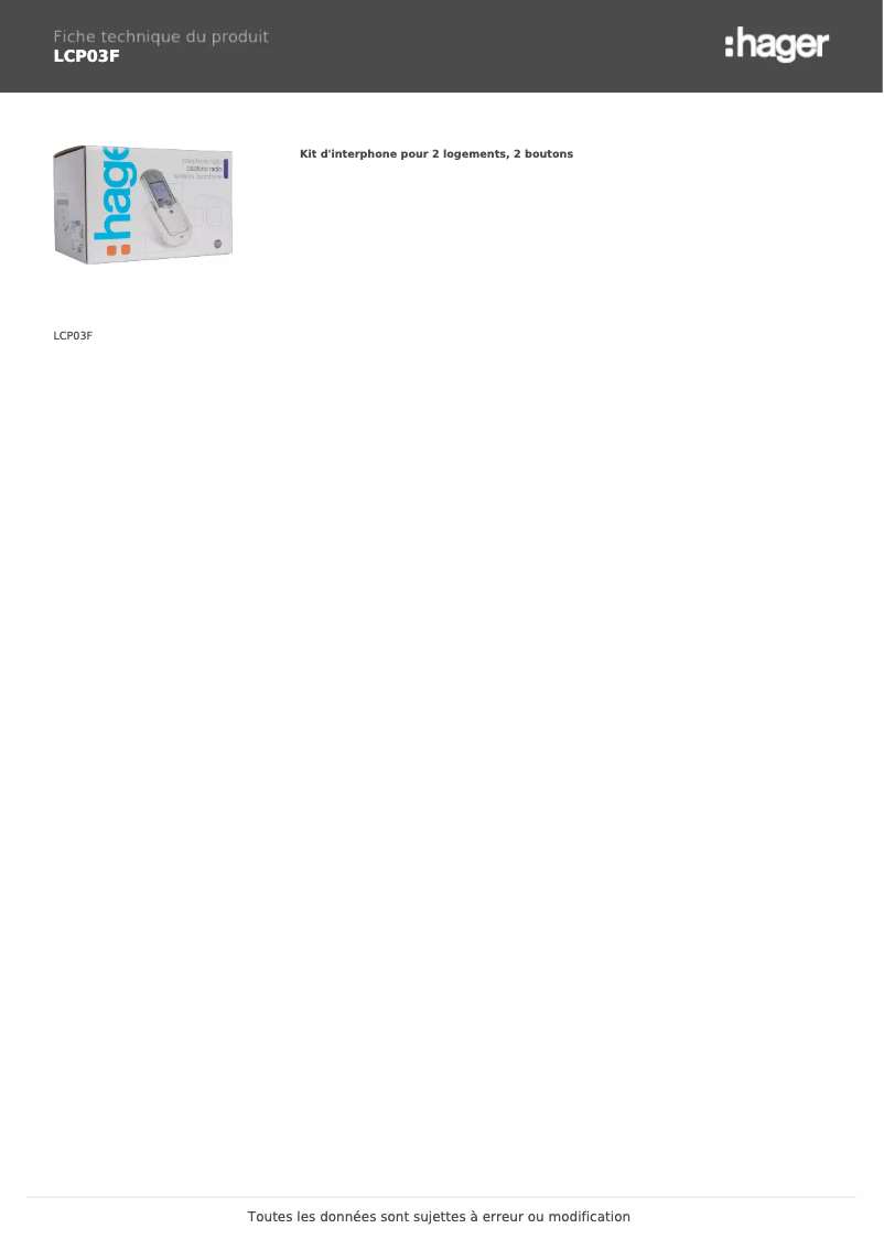 Page 1 de la notice Fiche technique Hager LCP03F