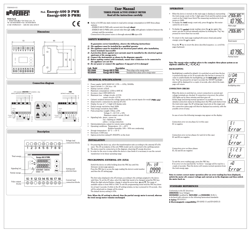 Página 1 del manual Manual de usuario Vemer Energy-400 D PWR