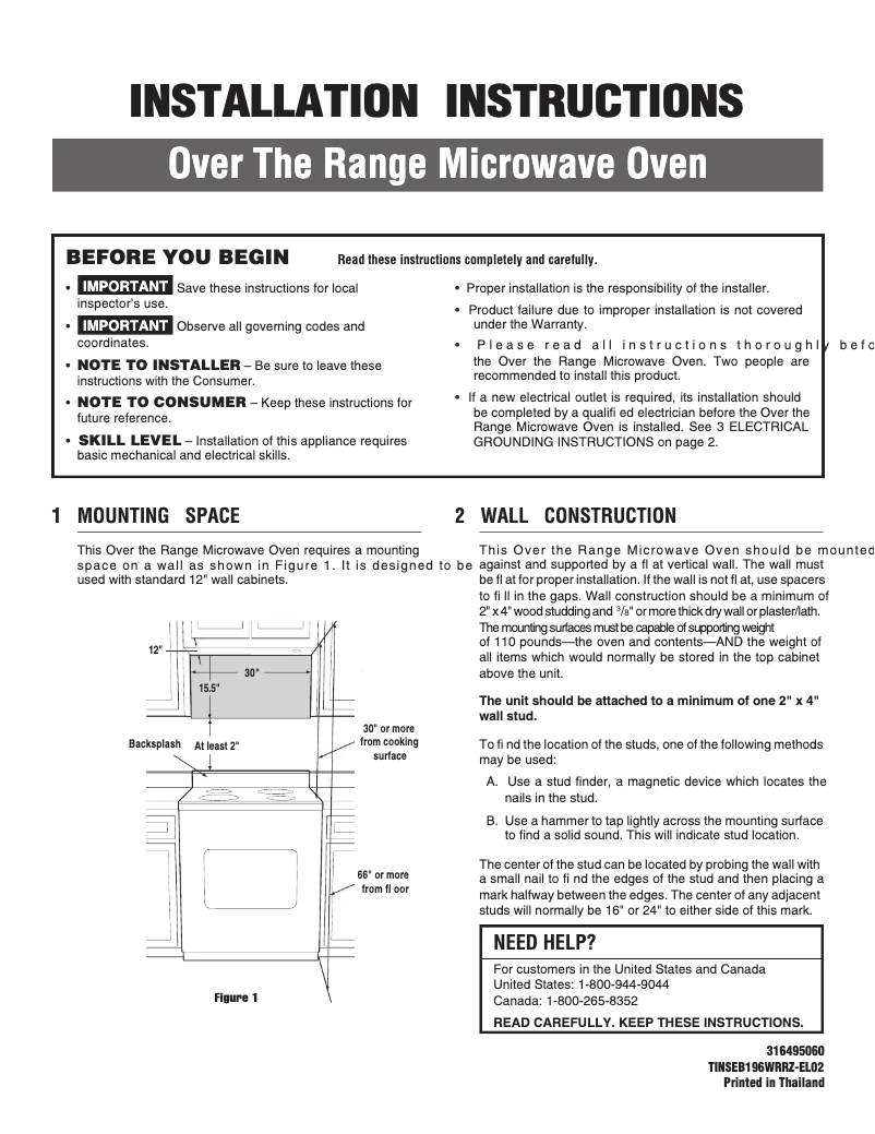 Page n°1 - Guide d'installation Electrolux EI30SM55JW
