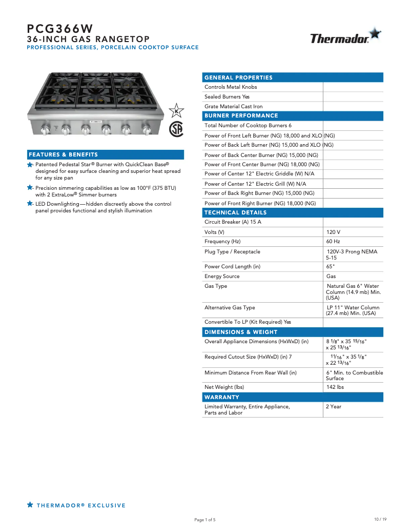 Page 1 de la notice Fiche technique Thermador PCG366W