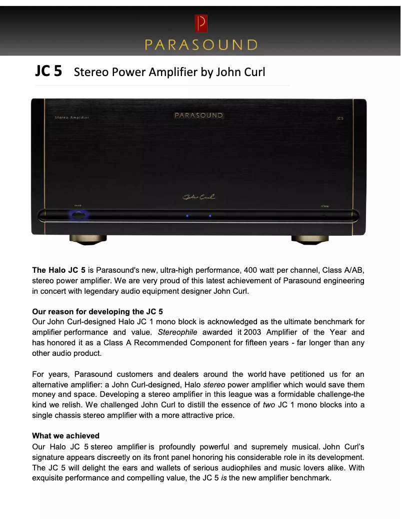 Page 1 de la notice Fiche technique Parasound Halo JC 5