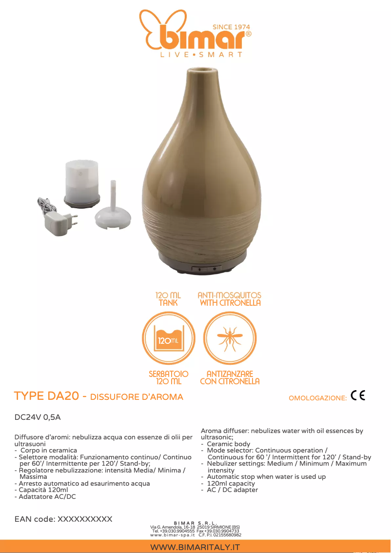 Page 1 de la notice Fiche technique Bimar DA20