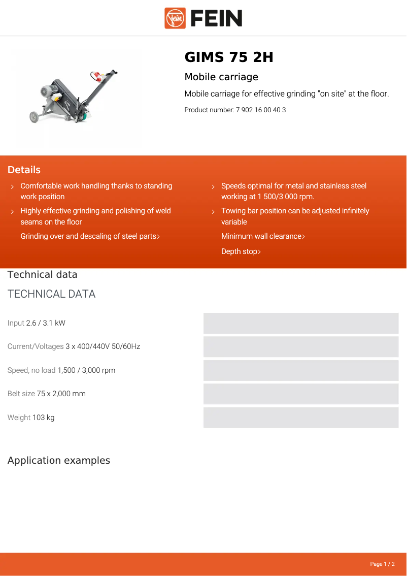 Página 1 del manual Ficha técnica Fein GIMS 75 2H